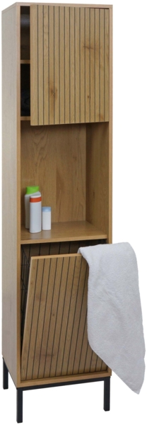 Hochschrank HWC-O42, Badschrank Badregal Badezimmer Schrankfächer Wäschekorb, MDF Melamin 174x39x30cm ~ Holzoptik natur