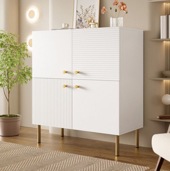 OKWISH Sideboard Aufbewahrungsschrank mit 2 Türen & vertikaler Struktur (Packung, 1 St, Weiß, 80×90×36 cm, für Wohnzimmer & Flur), Zinklegierung-Griffe, Stahlbeine, MDF