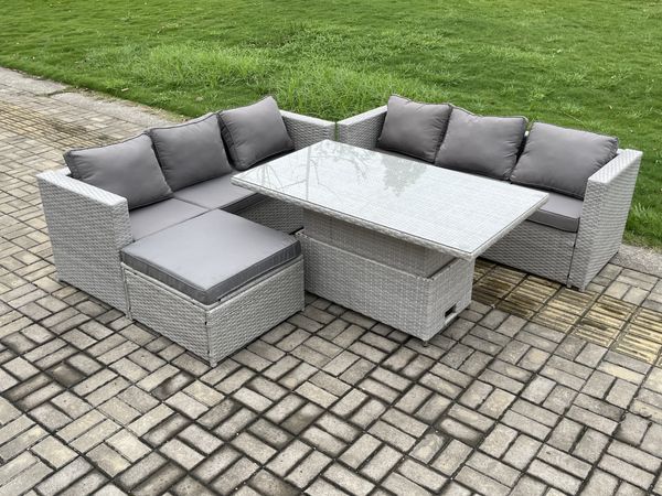 Fimous Polyrattan Gartenmöbel Set mit 2 Sofa; Höhe verstellbar Esstisch und Hocker Outdoor Terrassen Essgruppe Helles Grau