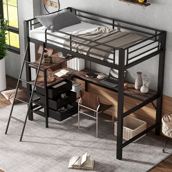 Hochbett 90×200 cm mit Rundum-Rausfallschutz, Schreibtisch & 3 Schubladen, Schwarz/Walnuss, ohne Matratze