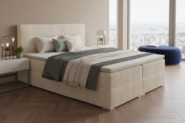 Deine Möbel 24 Boxspringbett LON IV Boxspring Komplettbett Polsterbett Bonellfederkernmatratzen (Cord Beige Creme Grau Dunkelgrau Graphit Schwarz, 3-St, Boxbett Cord Cord-Samt 140x200 160x200 180x200 200x200), inkl. Bettkasten Topper Matratzen H3 H4