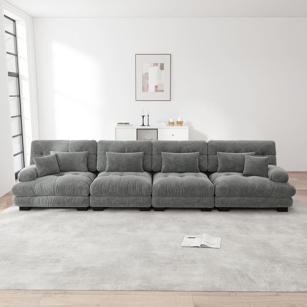 4-Sitzer Modulares Ecksofa mit Tiefensitz,80% Chenille Schlafsofa Komfortabel Gepolstert für Wohnzimmer Apartment Studio Büro,Chenille,Grau,