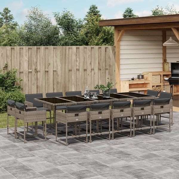 vidaXL 15-tlg. Garten-Essgruppe mit Kissen Grau Poly Rattan 3278179