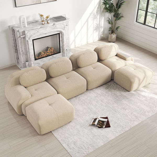 Ecksofa Beige aus Cordstoff, rahmenloses modulares Sofa mit 32D-Schaumpolsterung,388x178x75 cm