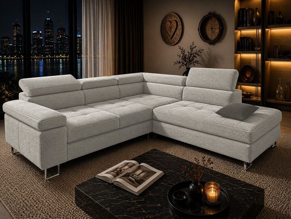Goldstoff Ecksofa mit Schlaffunktion, Cord Couch für Wohnzimmer - Cord Ecksofa, Cord Sofa VOYAGE 2 Teile, Großer Bettkasten