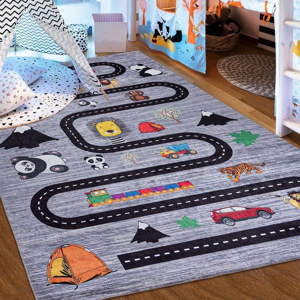 Mazovia Kinderteppich Teppich 1711A PRINT Emma Collection, 80 x 150 cm, Waschbar, Anti-Rutsch, Spielteppich Straße Straßenteppich