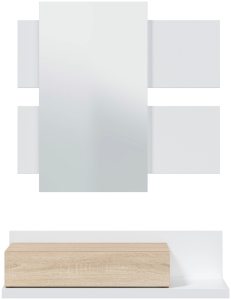 Flur mit Schublade und Spiegel, Eingangsmöbel, Modell Tekkan, Ausführung in Artik White und kanadischer Eiche, Maße: 75 cm (Breite) x 116 cm (Höhe) x 29 cm (Tiefe)