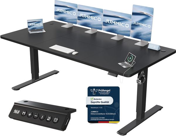 JUMMICO Schreibtisch elektrisch höhenverstellbar mit USB-Ladeanschluss, Schwarz, 200x80 cm