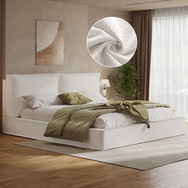 Polsterbett,Doppelbett,180x200 cm,hydraulisches Funktionsbett,Bett mit Lattenrost, Kopfteil, gepolstertes Kopfteil, Beige, bouclé