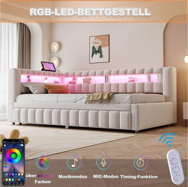 REDOM Schlafsofa mit LED-Beleuchtung, USB & Stauraum, Ausziehbares Polsterbett 90x200/180x190 cm, ohne Matratze