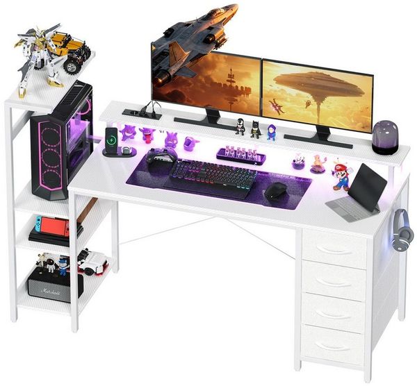 YOUDENOVA Gamingtisch mit LED-Beleuchtung & Steckdose, Computertisch, Schreibtisch (1-St), mit Schubladen & Carbon Fiber, 150x48x114cm