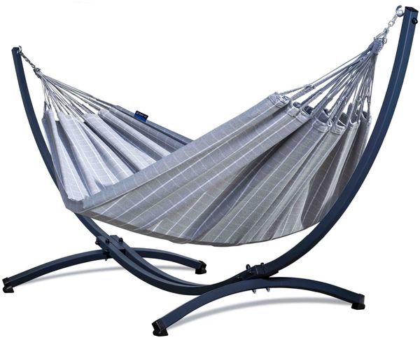 Potenza Catargo Hängematte mit Gestell für 2 Personen, 100% Baumwolle Hängematte XXL - 220x160, 220kg I Cocoon - Grau