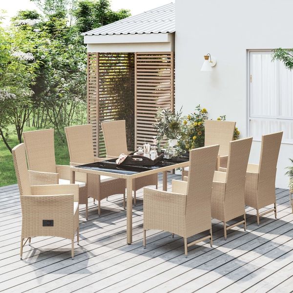 vidaXL 9-tlg. Garten-Essgruppe mit Kissen Beige Poly Rattan 3157571