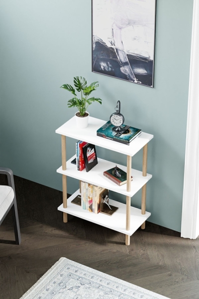 Bücherregal mit 3 Ablagen und Holzfüßen 45 x 30 x /74 cm Spanplatte Weiß 89866657 [en. casa] Bild 1