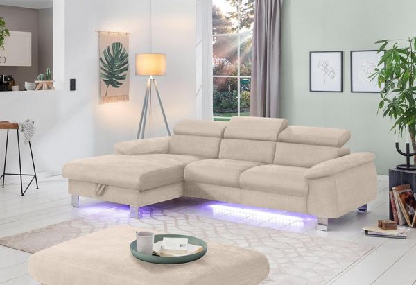 COTTA Ecksofa Komaris L-Form, mit Kopfteilverstellung, wahlweise Bettfunktion,Stauraum & Beleuchtung