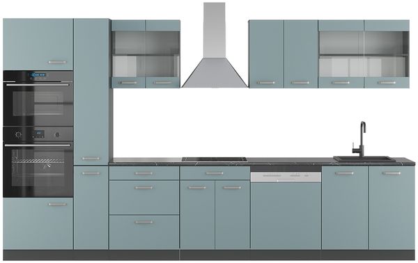 Küchenzeile R-Line Blau-Grau/Anthrazit 350 cm mit Hochschrank, AP Anthrazit Vicco