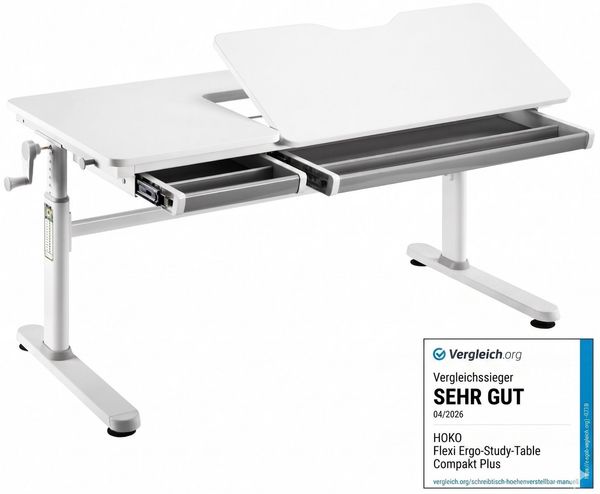 HOKO Kinderschreibtisch höhenverstellbar 54–76 cm (Schreibtisch, mit 2 Schubladen und 80x40 cm neigbarer Tischplatte), 120x60 cm Arbeitsfläche, Weiß, ELIN