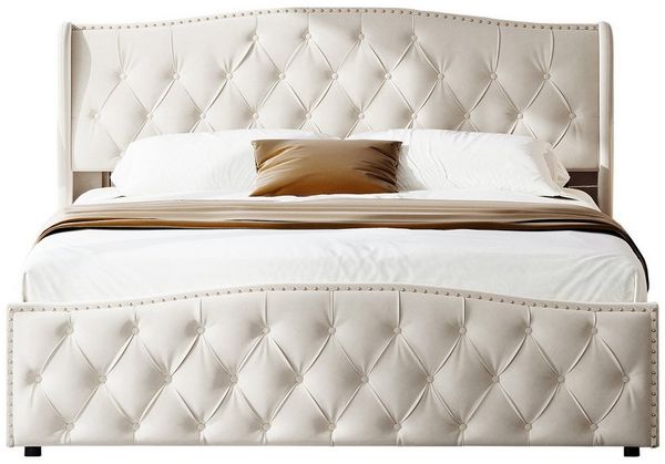 FUROKOY Stauraumbett Polsterbett Doppelbett mit hydraulischem Stauraum (Jugendbett gepolsteres Bettgestell), 160x200 cm,Beige,Samt,mit weichem Kopfteil
