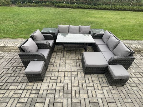 Fimous Terrassenmöbel Set Polyrattan Langer Rechteckiger Esstisch und Sofa set mit Tisch Sessel 2 Beistelltischen 3 Hockern Dunkelgrau gemischt