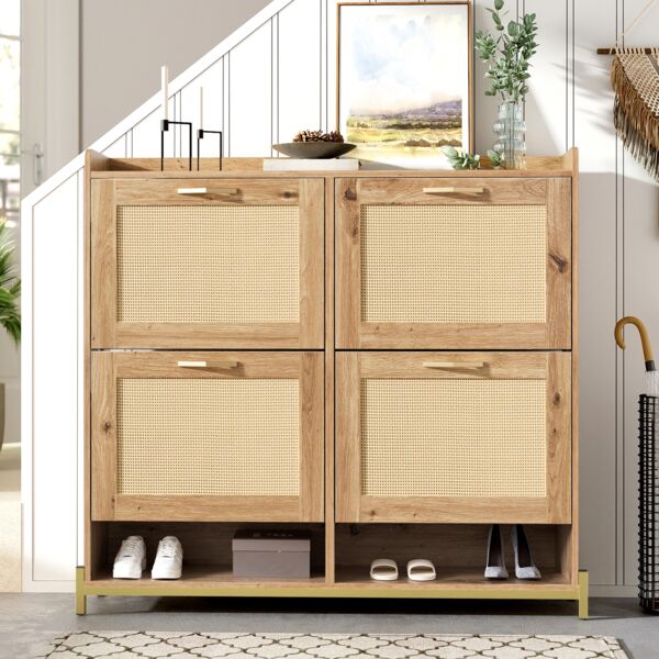 Schuhschrank aus MDF mit Metallgestell & oberer Ablage, 108,5x24x100 cm, Holzfarbe