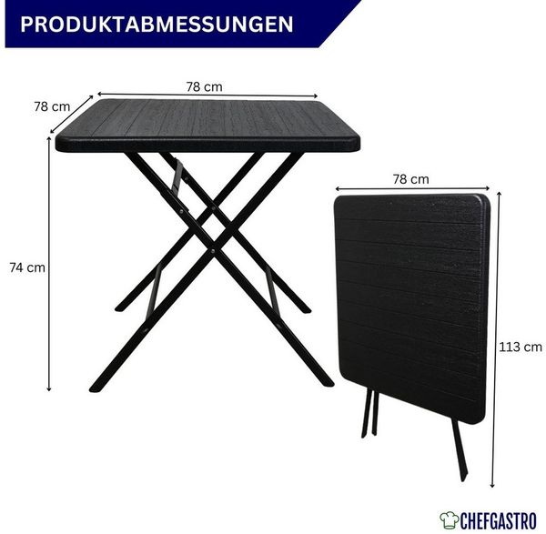 CHEFGASTRO Balkontisch klappbar 78x78 cm Gartentisch wetterfest 4 Personen Kunststoff Holz Optik Schwarz Campingtisch Outdoor Klapptisch Klein Balkonmöbel Bistrotisch für Garten Terrasse Balkon Bild 2