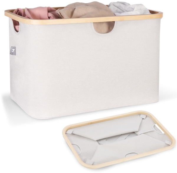 HENNEZ Wäschekorb Faltbarer Wäschekorb Grau 60L aus Bambus, Klappbarer Flach, Tragbar Wäschesammler