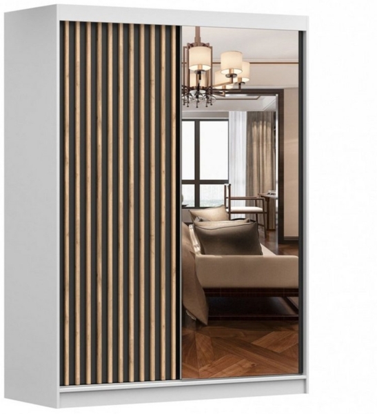 MOEBLO Kleiderschrank LABI (Schiebetür-Kleiderschrank mit Spiegel & Holzdekor, Schwebetürenschrank 2-türig Schrank mit Einlegeböden und Kleiderstange) -(BxHxT): 150x200x61 cm