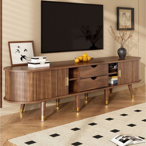 MODFU Lowboard Rattan-Elemente (Fernsehschrank, Fernsehtisch, Wohnzimmermöbel, 1 St, 2 Schiebetür, 2 Schubladen), mit Rattan-Schiebetür