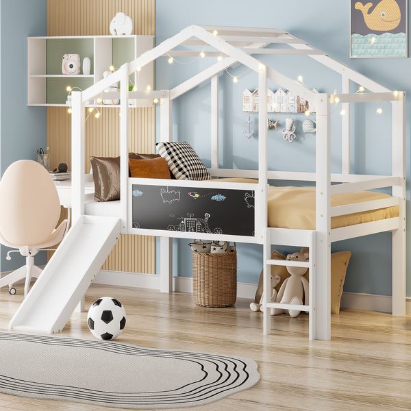 Kinder-Loftbett 90x200 cm mit Rutsche, Hausstil, Leiter & Blackboard,Massivholz Spielbett,Weiß