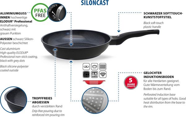 Elo Schmorpfanne Siloncast Pfanne mit Gegengriff, Aluminiumguss (1-tlg), antihaftbeschichtet, hitzeisolierender Stiel, Gegengriff