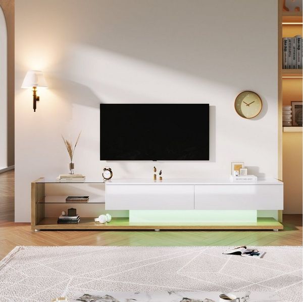 Merax Lowboard mit Glasablagen und Schubladen, TV-Schrank hochglänzend mit LED,TV-Board,TV-Ständer,Breite:170cm