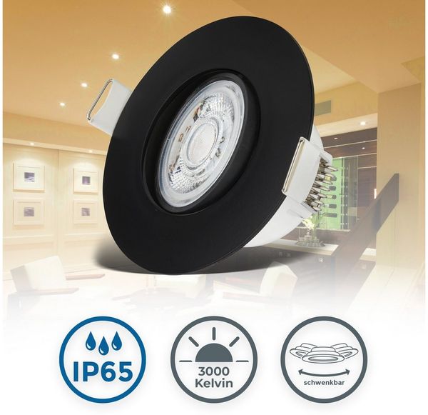 B.K.Licht - 6er Set LED Einbaustrahler 230V, Schwenkbar, warmweißes Licht, LED Strahler für das Badezimmer, IP65, Deckenstrahler, Einbauleuchten, Spots, Badezimmerlampe, 9x4,2 cm (DxH), Schwarz