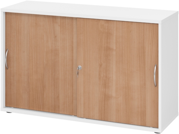 bümö Schiebetürenschrank 2OH - Aktenschrank abschließbar, Sideboard Schrank mit Schiebetüren in Weiß/Nussbaum, Bogengriff - Büroschrank aus Holz mit Schiebetür, Büro Kommode für Ordner & Co, 1752S-W-N-BM