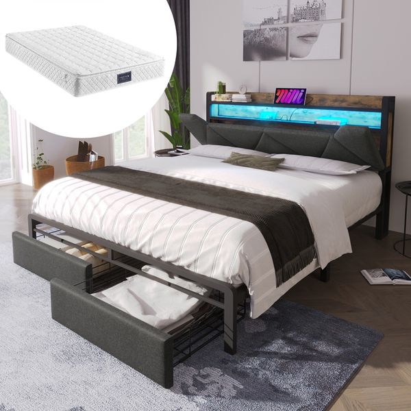Polsterbett 160x200 cm mit Matratze, LED, USB-C, Stauraum-Kopfteil und 2 Schubladen, Grau