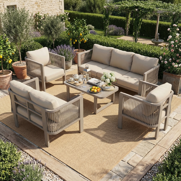 Merax 7-Sitzer Gartenmöbel-Set, Gartenlounge-Set(5-teilig), Glastischplatte, Teslin-Seilgeflecht, Khaki