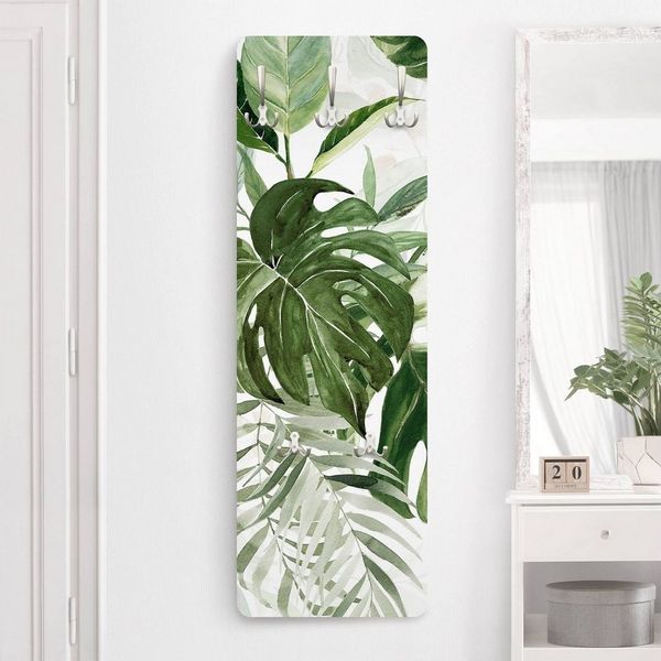 Bilderdepot24 Garderobenpaneel grün Botanik Illustration Aquarell Tropisches Arrangement Monstera (ausgefallenes Flur Wandpaneel mit Garderobenhaken Kleiderhaken hängend), moderne Wandgarderobe - Flurgarderobe im schmalen Hakenpaneel Design