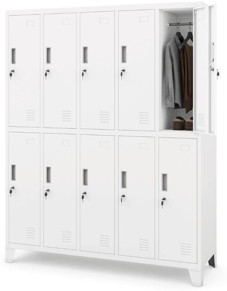Umkleideschrank Spind BARTEK - 10 Abteile, Etikettenhalter Lüftungsschlitze | Umkleidespind Schließfachschrank Garderobenspind, 172x136x45cm Weiß
