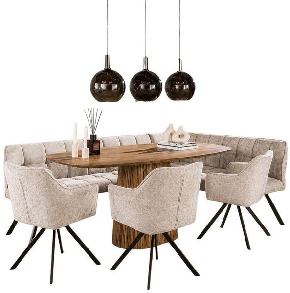 LEVEN Lifestyle Essgruppe modern mit Eckbank, 3 Polsterstühlen und ovalem Tisch in Walnussoptik