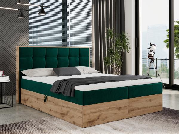 Boxspringbett mit Kopfteil und Topper, Polsterbett - ALBERO 1 - 140 x 200 cm - Dunkelgrün Velvet - H4