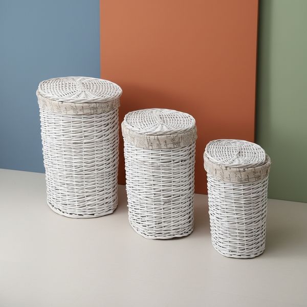 Wäschebox 3er SET Wäschekorb Wäschesammler Wäschetonne Wäschetruhe Weide Rattan