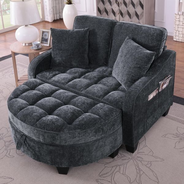 Ball & Cast Chaiselongue mit Aufbewahrungs-Hocker, Kleines Schlafsofa mit Verstellbarer Rückenlehne und Kissen, Mini Sofa für Wohnzimmer & Studienzimmer, Schwarz