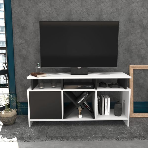 Hanah Home Stylish TV Stand, 120 cm, White & Anthracite | 100% Melamine Coated Particle Board, 18 mm Thick | Modern Design for Living Room & Entertainment Spaces