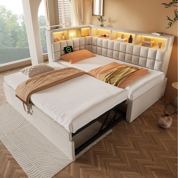 REDOM Polsterbett Funktionsbett mit LED, Bluetooth & USB/Type-C Ladestation (Funktionsbett, 1-tlg, 90x200 cm, L-Kopfteil mit Stauraumregal), Flexibel als Schlafsofa oder Gästebett nutzbar(ohne Matratze)