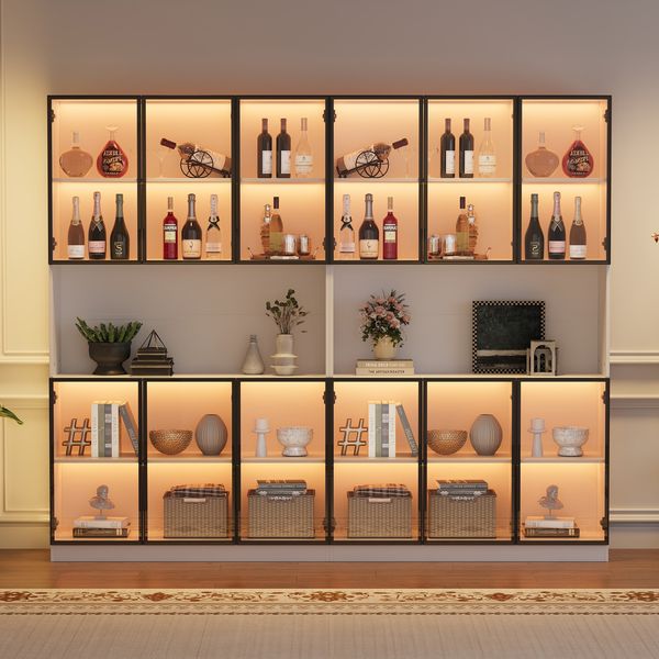 Merax 200cm Vitrine(2-Set), Standvitrine mit 6 Schranktüren, Freilagerbereich, Hochschrank, Glasvitrine mit LED, Wohnzimmerschrank, Multifunktionsschrank, Großer Schrank, Weiß