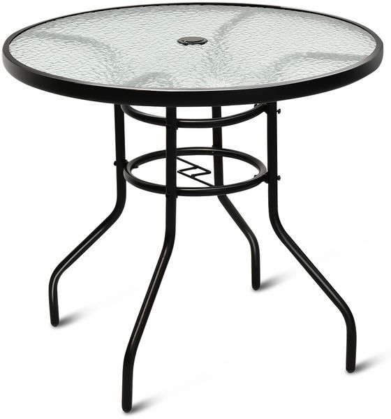 Bistrotisch aus Metall mit Schirmloch & Verdickter Glasplatte Gartentisch Glastisch Schwarz