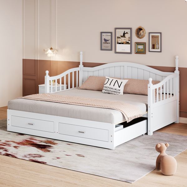Ausziehbett 90/180×190 cm mit Lattenrost und Schubladen, Massivholz, Weiß, ohne Matratze