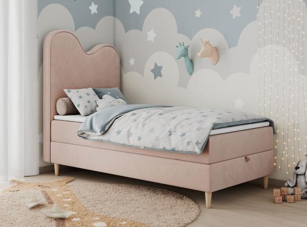 Kinderbett FLOW, Boxspringbett für Kinder, mit hohem Kopfteil, Einzelbett mit Matratze - 90x180 - Hellrosa Velours - Topper Visco