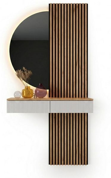 Planetmöbel Garderoben-Set AMYRA Flur Garderobe Spiegel mit Beleuchtung & Akustikpaneele, (LED Spiegel NIVORA 50x100 cm, Touch-Funktion, Dimmbar, Konsolentisch 100 cm mit moderner Front weiß), Akustikpaneele 2x120 cm mit MDF-Latten & 5mm Filzplatte