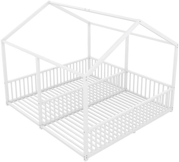 Metallbett, Kinderbett, 90*200cm , Ohne Matratze, Geländer, Leiter, Hausmodellierung, Doppelbett Design, Doppelbett, Eisenrahmen, Weiß Bild 8