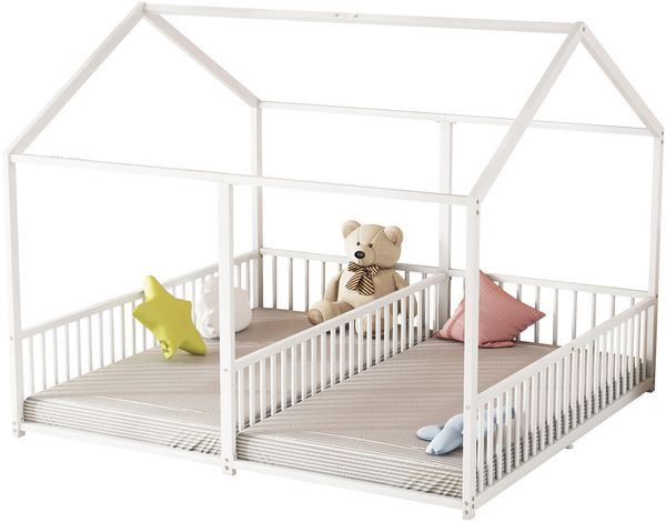 Metallbett, Kinderbett, 90*200cm , Ohne Matratze, Geländer, Leiter, Hausmodellierung, Doppelbett Design, Doppelbett, Eisenrahmen, Weiß Bild 4